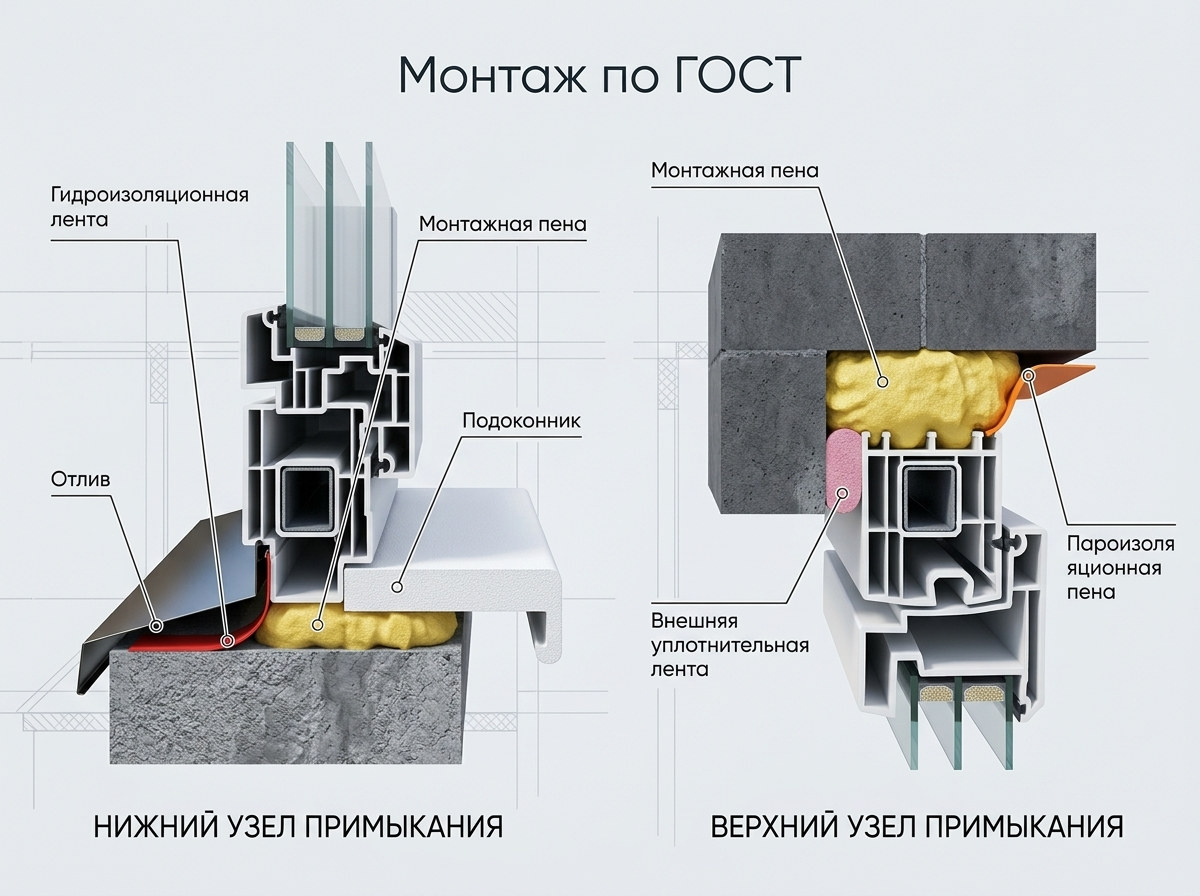Схема герметичного монтажа шумоизоляционного окна по ГОСТ: узлы примыкания